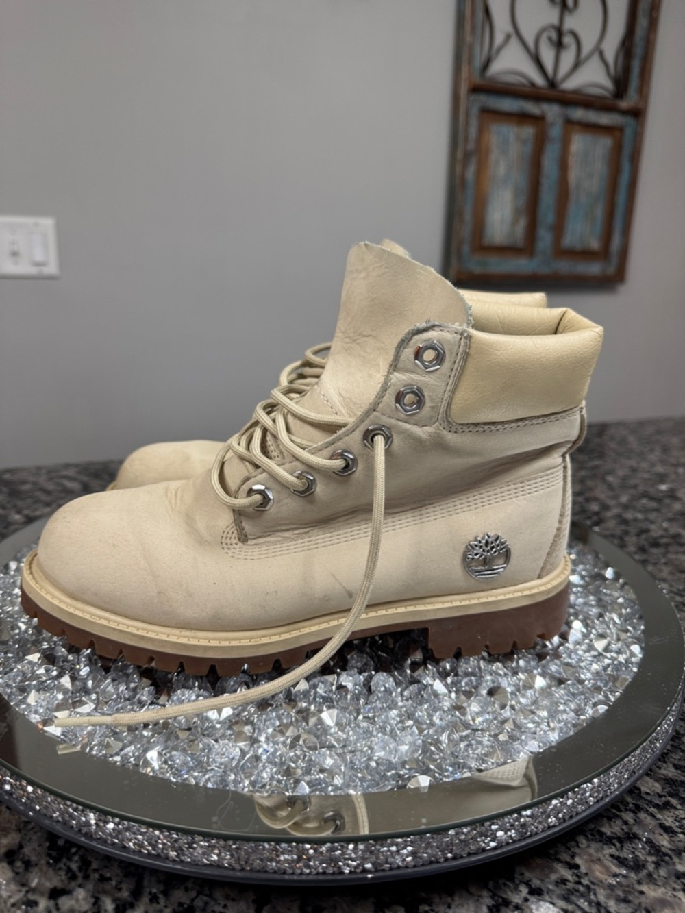 Timberland Cream Nubuck leather Hiking Boots boys 5 Womens 7 - Picture 4 of 15